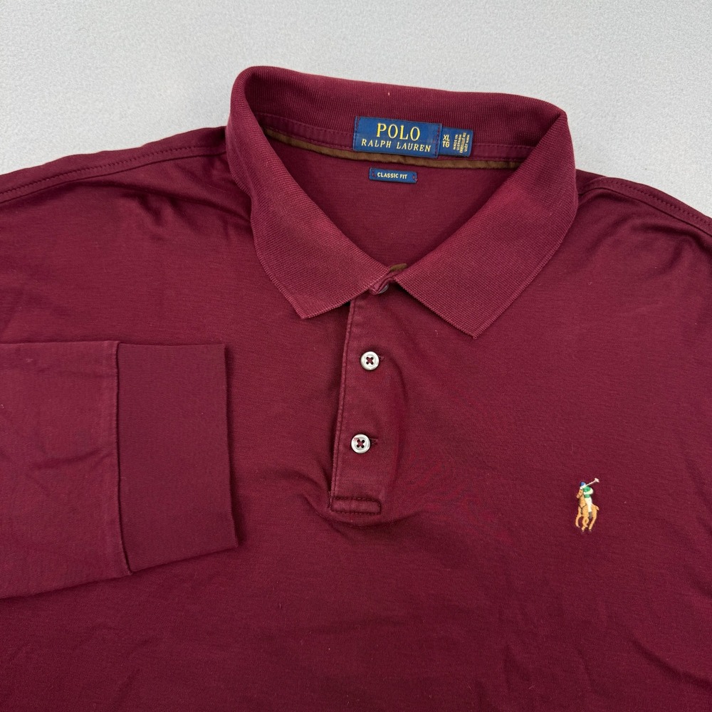 Polo Ralph Lauren Long Sleeve Soft Cotton Polo Shirt Mens XL Maroon Flesh Pony